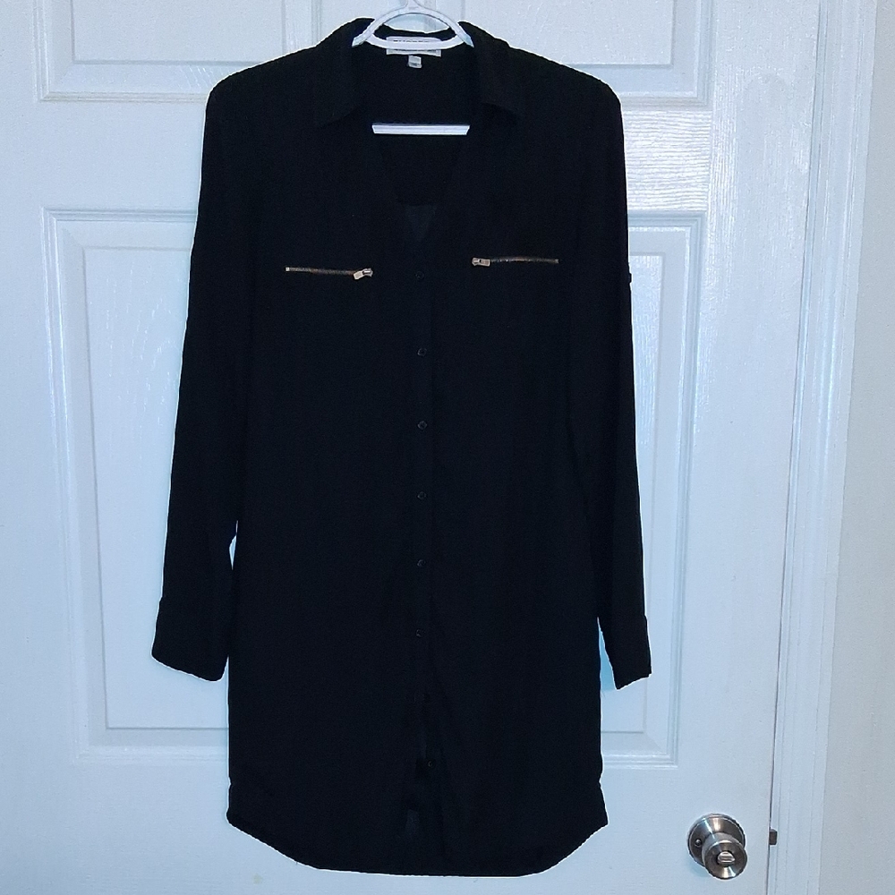 Express Black Button Down Shirt with Zipper Accents